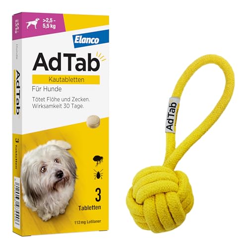 AdTab Promo-Set: Hunde Zecken- und Flohschutz (über 2,5 bis 5,5 kg) mit Wurfball, Kautablette tötet Zecken und Flöhe schnell ab und schützt einen Monat lang, 3 Kautabletten von AdTab