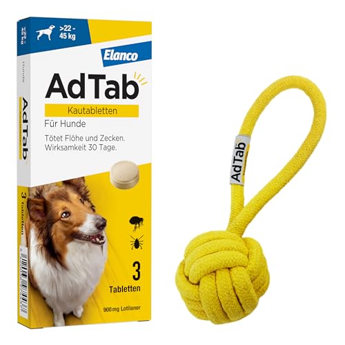 AdTab Promo-Set: Hunde Zecken- und Flohschutz (über 22 bis 45 kg) mit Wurfball, Kautablette tötet Zecken und Flöhe schnell ab und schützt einen Monat lang, 3 Kautabletten von AdTab