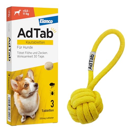 AdTab Promo-Set: Hunde Zecken- und Flohschutz (über 5,5 bis 11 kg) mit Wurfball, Kautablette tötet Zecken und Flöhe schnell ab und schützt einen Monat lang, 3 Kautabletten von AdTab