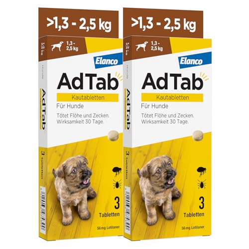 Sparset: Doppelpack AdTab Hunde Zecken- und Flohschutz (> 1,3 bis 2,5 kg), Kautablette tötet Zecken und Flöhe schnell ab und schützt einen Monat lang, leicht zu verabreichen (3 St. pro Packung) von AdTab