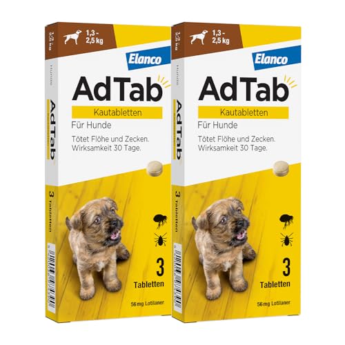 Sparset: Doppelpack AdTab Hunde Zecken- und Flohschutz (> 1,3 bis 2,5 kg), Kautablette tötet Zecken und Flöhe schnell ab und schützt einen Monat lang, leicht zu verabreichen (3 St. pro Packung) von AdTab