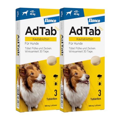 Sparset: Doppelpack AdTab Hunde Zecken- und Flohschutz (> 22 bis 45 kg), Kautablette tötet Zecken und Flöhe schnell ab und schützt einen Monat lang, leicht zu verabreichen (3 St. pro Packung) von AdTab
