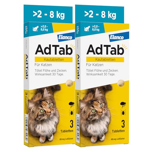 Sparset: Doppelpackung AdTab Floh- und Zeckenschutz für Katzen von über 2 bis 8 kg, Kautablette gegen Zecken und Flöhe, Schutz und Behandlung für 1 Monat, einfach zu verabreichen (3 St. pro Packung) Sparset: Doppelpackung AdTab Floh- und Zeckenschutz für Katzen von über 2 bis 8 kg, Kautablette gegen Zecken und Flöhe, Schutz und Behandlung für 1 Monat, einfach zu verabreichen (3 St. pro Packung) von AdTab