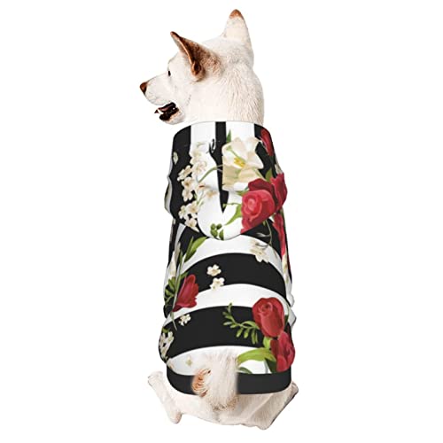 Hunde-Kapuzenpullover mit Hut, Schwarz / Weiß gestreift, rote Rose, weicher Mantel für kleine, mittelgroße und große Hunde von Adasomu