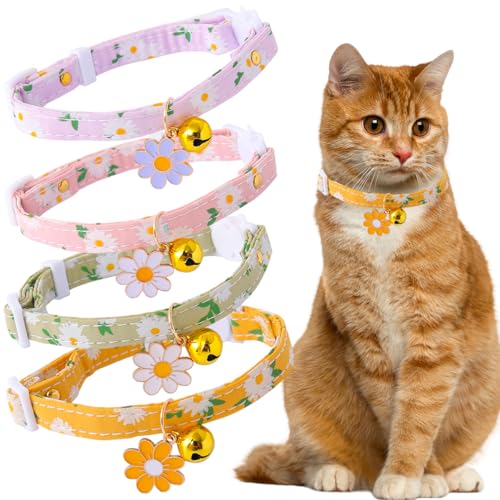 Katzenhalsbänder mit Gänseblümchen-Motiv, Schnellverschluss, Blumenmuster, Abreißhalsbänder, Gänseblümchen-Stil, weich, verstellbar, mit Glöckchen, für Katzen, Kätzchen, kleine Haustiere, 4 Stück Katzenhalsbänder mit Gänseblümchen-Motiv, Schnellverschluss, Blumenmuster, Abreißhalsbänder, Gänseblümchen-Stil, weich, verstellbar, mit Glöckchen, für Katzen, Kätzchen, kleine Haustiere, 4 Stück von AddLotLot
