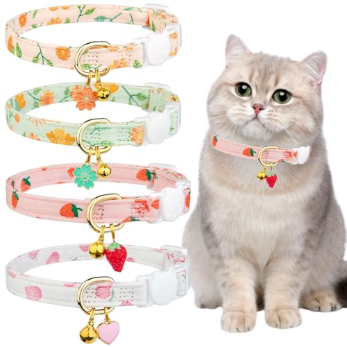Katzenhalsband, Baumwolle, Katzenhalsband, niedliches Katzenhalsband, verstellbar, Erdbeeren, herzförmiger Anhänger, Kätzchenhalsband, blau-grün, gestreift, für Mädchen und Jungen, 4 Stück Katzenhalsband, Baumwolle, Katzenhalsband, niedliches Katzenhalsband, verstellbar, Erdbeeren, herzförmiger Anhänger, Kätzchenhalsband, blau-grün, gestreift, für Mädchen und Jungen, 4 Stück von AddLotLot