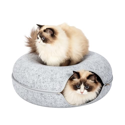 Adeco Katzenhöhlenbett, 49,8 cm, Premium-Filz-Katzenbett für Indoor-Katzen, abnehmbares und waschbares Katzentunnelbett für große Katzen bis zu 13,6–20,4 kg, kratzfestes Donut-Katzenhaus, Hellgrau von Adeco