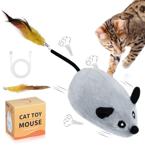 Adiwo Katzenspielzeug Elektrisch Spielmaus, Maus mit Federschwanz USB Wiederaufladbares Interaktive Spielzeug Realistischen Geräuschen Maus Spielzeugmäuse für Katzenauslauf und Gegen Langeweile von Adiwo