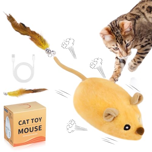 Adiwo Katzenspielzeug Elektrisch Spielmaus, Maus mit Federschwanz USB Wiederaufladbares Interaktive Spielzeug Realistischen Geräuschen Maus Spielzeugmäuse für Katzenauslauf und Gegen Langeweile von Adiwo