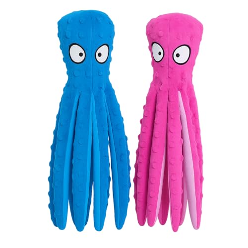 AdoPet Quietschspielzeug für Haustiere, Oktopus, keine Füllung, knisterndes Plüschspielzeug, langlebig, interaktiv, niedlich, Kauspielzeug, 2 Stück (blau + rosa) von AdoPet