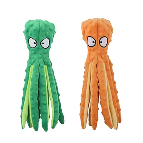 AdoPet Quietschspielzeug für Haustiere, Oktopus, keine Füllung, knisterndes Plüschspielzeug, langlebig, interaktiv, niedlich, Kauspielzeug, Größe, 2 Stück (Orange + Grün) von AdoPet