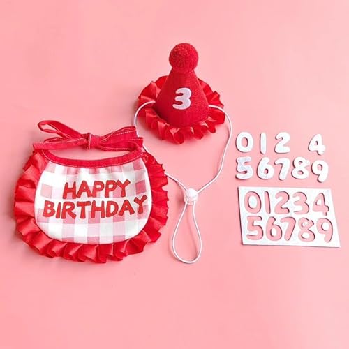 Geburtstagskostüm für Welpen, Kätzchen, Katzen, Geburtstagstuch, Bandana für Jungen und Mädchen, Geschenk, niedliche Haustier-Party-Dekoration, Hut, buntes Zubehör, 3-teilig, Rot (Schal, Mütze, Nummer Geburtstagskostüm für Welpen, Kätzchen, Katzen, Geburtstagstuch, Bandana für Jungen und Mädchen, Geschenk, niedliche Haustier-Party-Dekoration, Hut, buntes Zubehör, 3-teilig, Rot (Schal, Mütze, Nummer von AdoPet