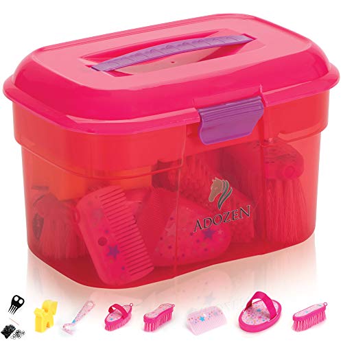 Adozen Black-Order Pferde-Putzbox XL für Kinder | 9-Teilig befüllt | Soft Touch Antirutschgriffe | Rosa mit Sternchen von Adozen