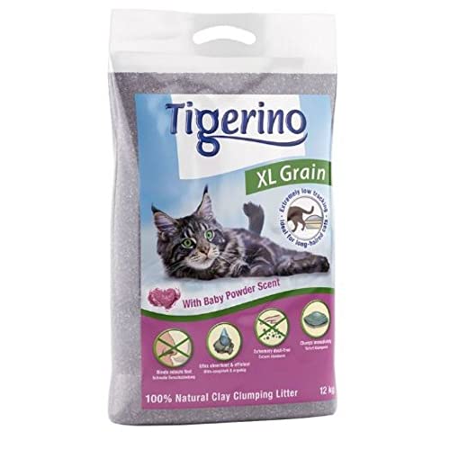 Tigerino XL Getreide im Babypuderduft, 12 kg, aus natürlichem Ton, grobkörnig, klumpendes Katzenstreu für langhaarige Kätzchen und erwachsene Katzen, staubar, sparsam von Adult