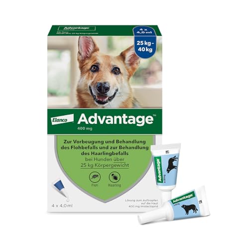 Elanco Advantage® Spot-On 400 für große Hunde von 25 bis 40 kg Körpergewicht, schnelle Bekämpfung und Schutz von Flöhen bis zu 4 Wochen, einfache Spot-on-Anwendung, 4 Pipetten mit 4 ml Lösung von Advantage