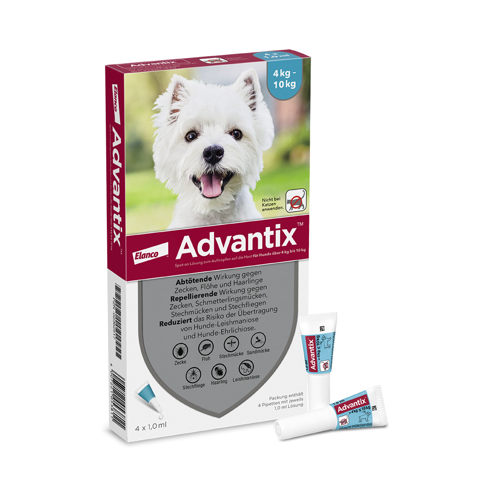 Advantix® 100 Spot-on für Hunde, von 4 bis 10 kg - Sparpaket: 2 x 4 Pipetten x 1,0 ml von Advantix