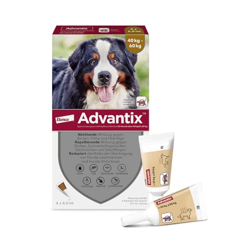 Elanco ADVANTIX Spot-On XXL für sehr große Hunde von 40 kg bis 60 kg gegen Zecken, Sandmücken, Stechmücken, Stechfliegen und Flöhe: Wirkung bis zu 4 Wochen, 4 Pipetten-Packung von Advantix