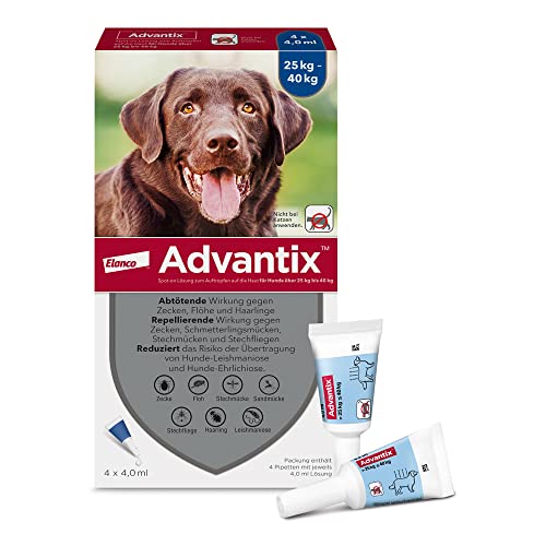 Elanco ADVANTIX Spot-On für große Hunde von 25 bis 40 kg gegen Zecken, Sandmücken, Stechmücken, Stechfliegen und Flöhe: Wirkung bis zu 4 Wochen, 4 Pipetten-Packung von Advantix