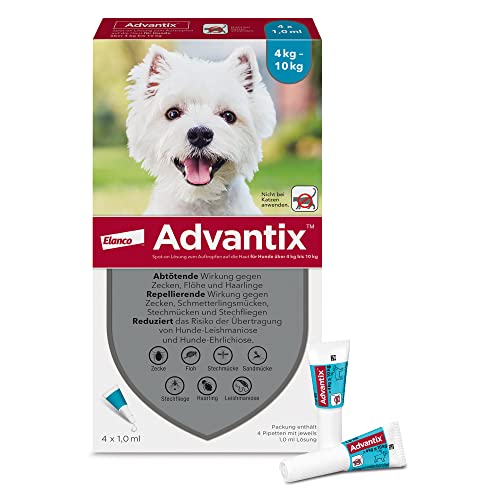Elanco ADVANTIX Spot-On für kleine Hunde von 4 bis 10 kg gegen Zecken, Sandmücken, Stechmücken, Stechfliegen und Flöhe: Wirkung bis zu 4 Wochen, 4 Pipetten-Packung von Advantix