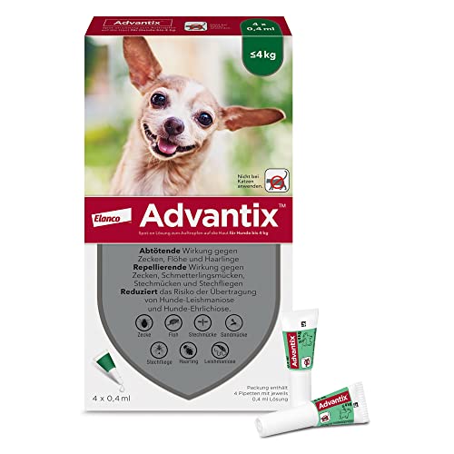 Elanco ADVANTIX Spot-On für sehr kleine und leichte Hunde wie Malteser und Chihuahua bis 4 kg gegen Zecken, Sandmücken, Stechmücken, Stechfliegen und Flöhe: Wirkung bis zu 4 Wochen, 4 Pipetten-Packung Elanco ADVANTIX Spot-On für sehr kleine und leichte Hunde wie Malteser und Chihuahua bis 4 kg gegen Zecken, Sandmücken, Stechmücken, Stechfliegen und Flöhe: Wirkung bis zu 4 Wochen, 4 Pipetten-Packung von Advantix