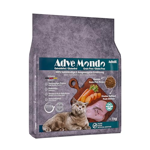 Adve® Mondo Adult Cat: Trockenfutter für ausgewachsene Katzen Aller Rassen – getreidefrei – glutenfrei – Geflügel mit Gemüse – Sensible Verdauung (1 x 1 kg) von Adve