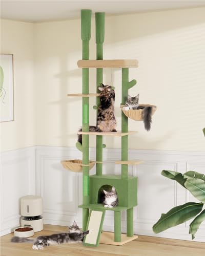 Aechonow Cactus Katzenbaum für große Katzen, große Sitzstangen, verstellbarer Eck-Katzenturm (213,4 - 274,4 cm), braune Hängematte, gemütliche Höhle für große Katzen im Innenbereich, Grün von Aechonow