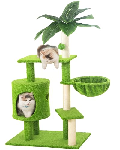 Aechonow Niedlicher Katzenbaum für Indoor-Katzen, 96,5 cm großer Katzenturm mit grünen Blättern, gemütliche Katzenhütte und Hängematte, hängender Ball mit Glocke für Kätzchen von Aechonow