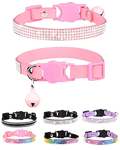 Aecllcea Katzenhalsbänder für Mädchen, Katzen mit Strass, weicher Samt, Breakaway Katzenhalsbänder mit Glöckchen, verstellbares sicheres Kätzchenhalsband (Pink) von Aecllcea