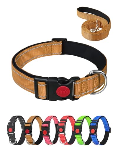 Aeclleca Reflektierendes Hundehalsband und Leine, Set mit Sicherheitsschnalle, verstellbar, weiches Nylon, Haustierhalsbänder für kleine, mittelgroße Hunde (Khaki, S) von Aecllcea