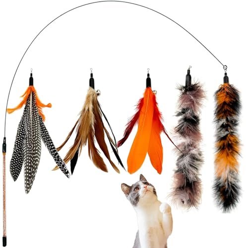 Katzenstab und Spielzeug, Federspielzeug, interaktives Katzenspielzeug, Flauschiger Stab und Federn, Teaser, bewegliche Nachfüllpackungen, 1 Stück, 8 Stück(6PCS-Set) von Aerensic