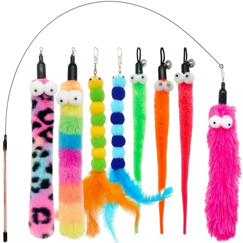Katzenstab und Spielzeug, Federspielzeug, interaktives Katzenspielzeug, Flauschiger Stab und Federn, Teaser, bewegliche Nachfüllpackungen, 1 Stück, 8 Stück(9PCS-Set) von Aerensic