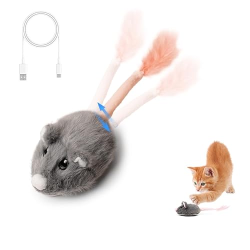 Wiederaufladbares Bewegungsmaus-Katzenspielzeug for Kätzchen, Maus mit Ton, bewegliche Maus, Katzenspielzeug, interaktives Katzenspielzeug, Tonmaus, Katzenspielzeug(Grey with Feather) von Aerensic