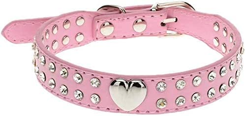 Aeromdale Halsband, 2 Reihen mit Strasssteinen, Herznieten, verstellbar, PU-Leder, niedliches Haustierzubehör für kleine oder mittelgroße Haustiere, rosa, Größe S: 37 x 2 cm von Aeromdale