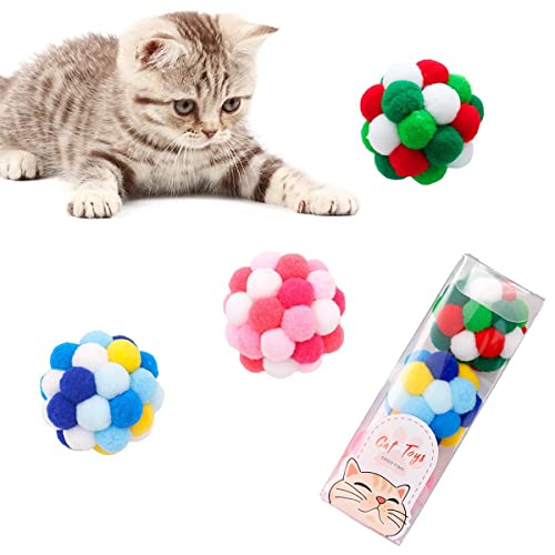 Aestivate 3 x Katzen-Pom-Bälle Katzenspielzeug für Innenbereich, Katzenbälle, Pompon, Bälle, Katzen, interaktiver Ball mit Glöckchen (verschiedene Farben) von Aestivate