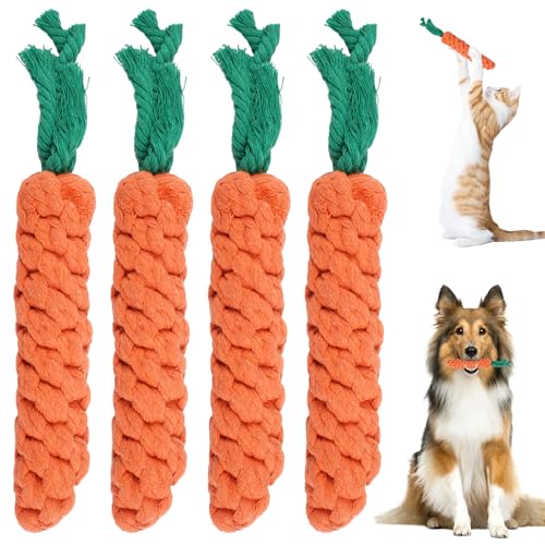 4 Stück Hundespielzeug Karotte, Puppy Karotte Seil Spielzeug Geflochtene, Kauspielzeug Karotte Seil Baumwolle, Kauspielzeug für Welpe Spielzeug, für Zahnreinigung, für Kleine Mittelgroßen Hund von AetherAurora
