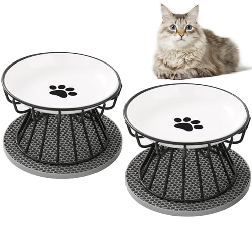 Aevcvok Katzennapf Erhöht, 2 Stück Katzennäpfe mit Metallständer, Futterstation Katzen mit Napfunterlage Silikon, Futternapf Katze aus Keramik, Fressnäpfe und Wassernapf für Katzen und Kleine Hunde von Aevcvok