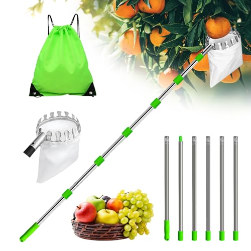 Obstpflücker für Kirschen, Diameter 16 cm Kirschenpflücker mit 2,4 M Langem Teleskopstiel, Apfelpflücker mit Teleskopstiel und Baumwollbeutel, Kirschpflücker zum Ernten von Früchten von Hohen Orten von Afenau