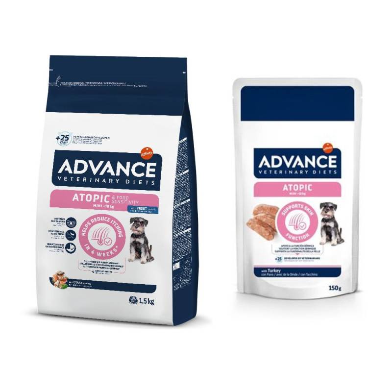 Advance Veterinary Diets Mini + 8 x 150 g passendes Nassfutter zum Sonderpreis! - 1,5 kg Atopic von Affinity Advance Veterinary Diets