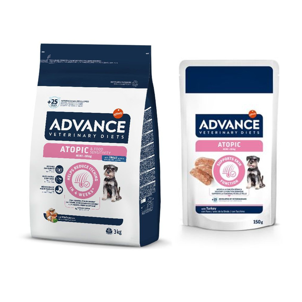 Advance Veterinary Diets Mini + 8 x 150 g passendes Nassfutter zum Sonderpreis! - 3 kg Atopic von Affinity Advance Veterinary Diets