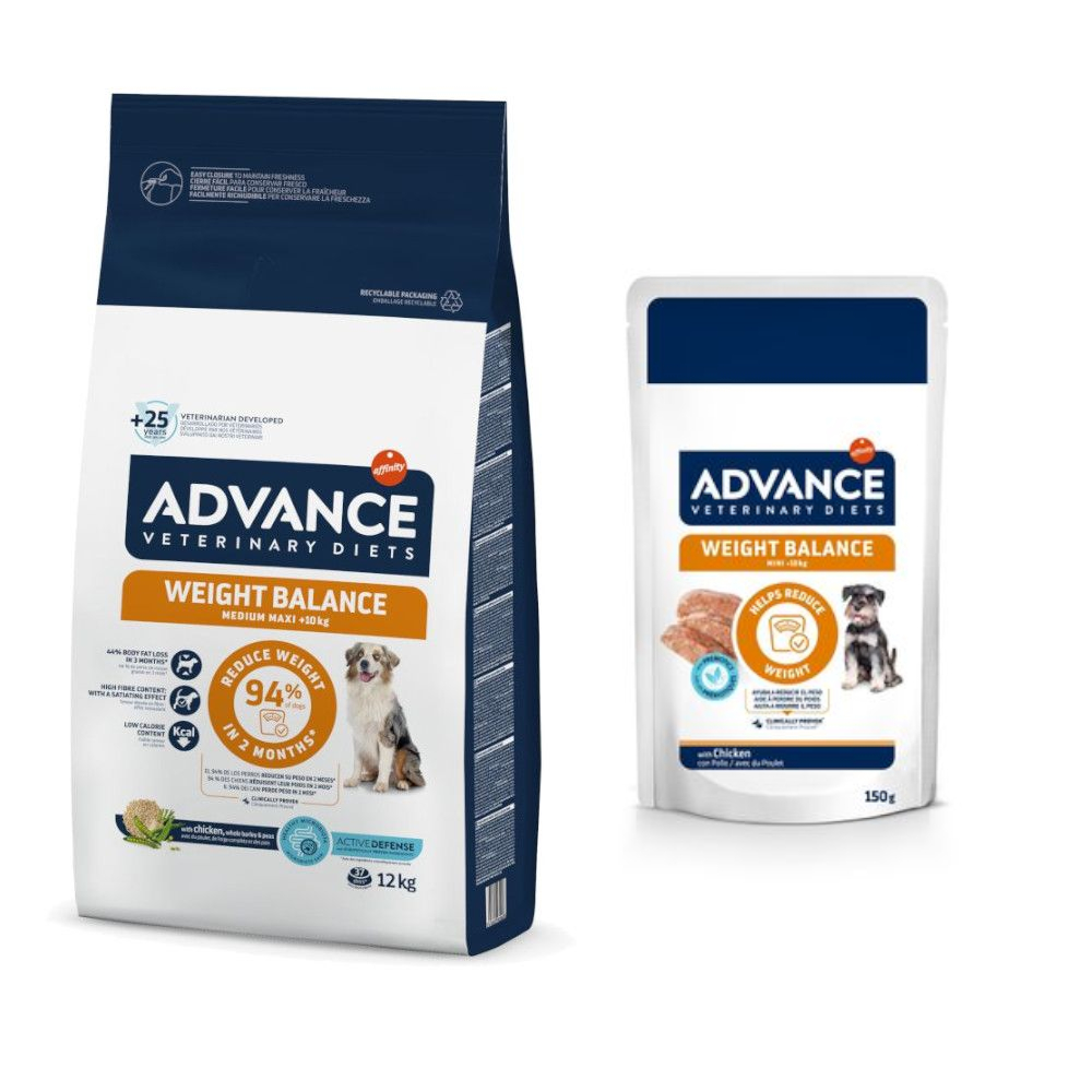 12 kg Advance Veterinary Diets + 8 x 150 g passendes Nassfutter zum Sonderpreis! - Weight Balance Medium/Maxi + 8 x 150 g Weight Balance Mini von Affinity Advance Veterinary Diets