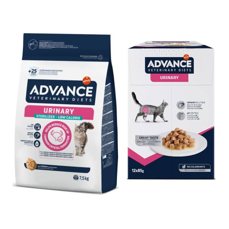Advance Veterinary Diets Trockenfutter + 12 x 85 g Urinary Diät-Nassfutter zum Sonderpreis! - 7,5 kg Sterilized Low Calorie + 12 x 85 g Urinary von Affinity Advance Veterinary Diets