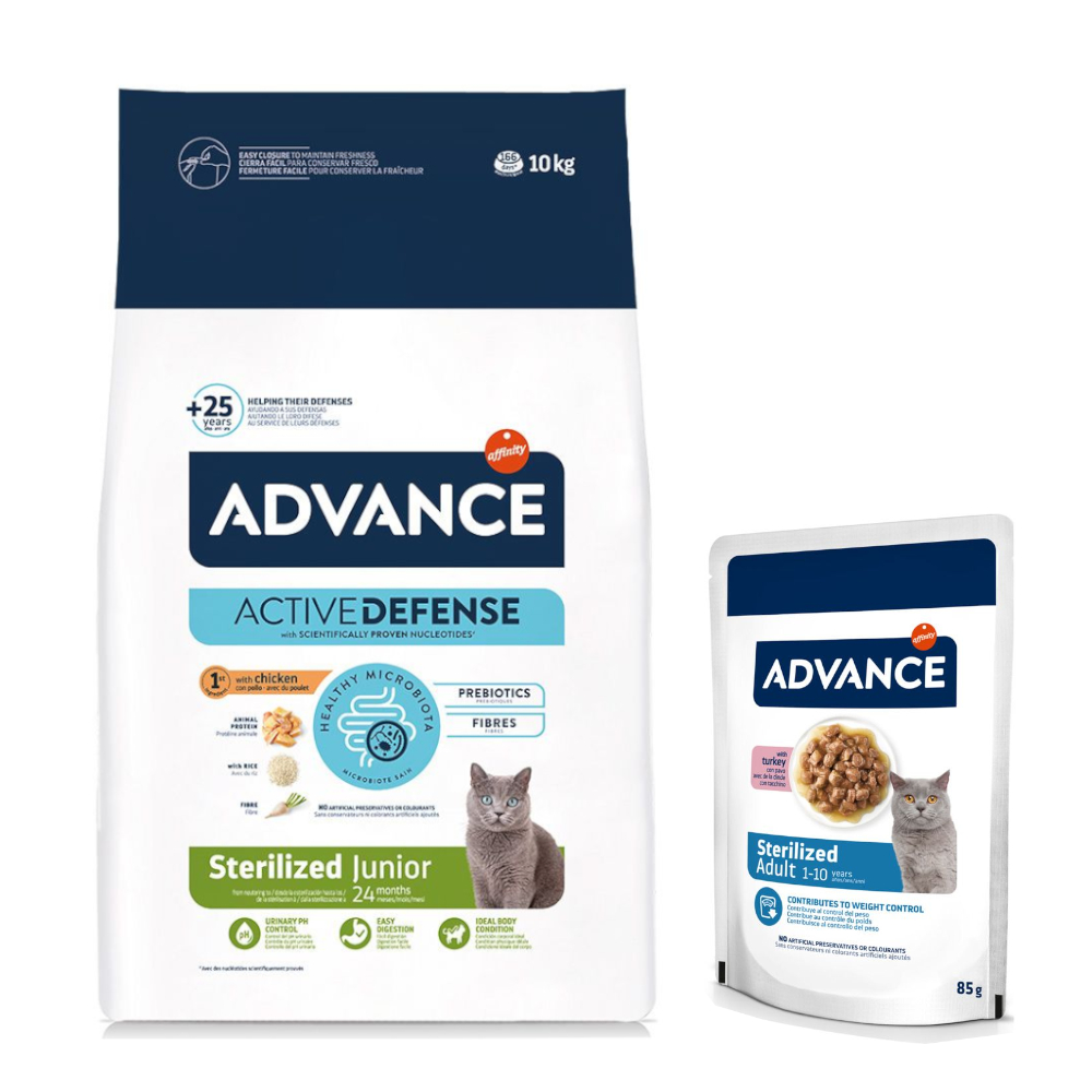10 kg / 15 kg Advance Trockenfutter + 12 x 85 g passendes Nassfutter zum Sonderpreis! - 10 kg Sterilized Junior mit Huhn + 12 x 85 g Sterilized Truthahn 10 kg / 15 kg Advance Trockenfutter + 12 x 85 g passendes Nassfutter zum Sonderpreis! - 10 kg Sterilized Junior mit Huhn + 12 x 85 g Sterilized Truthahn von Affinity Advance