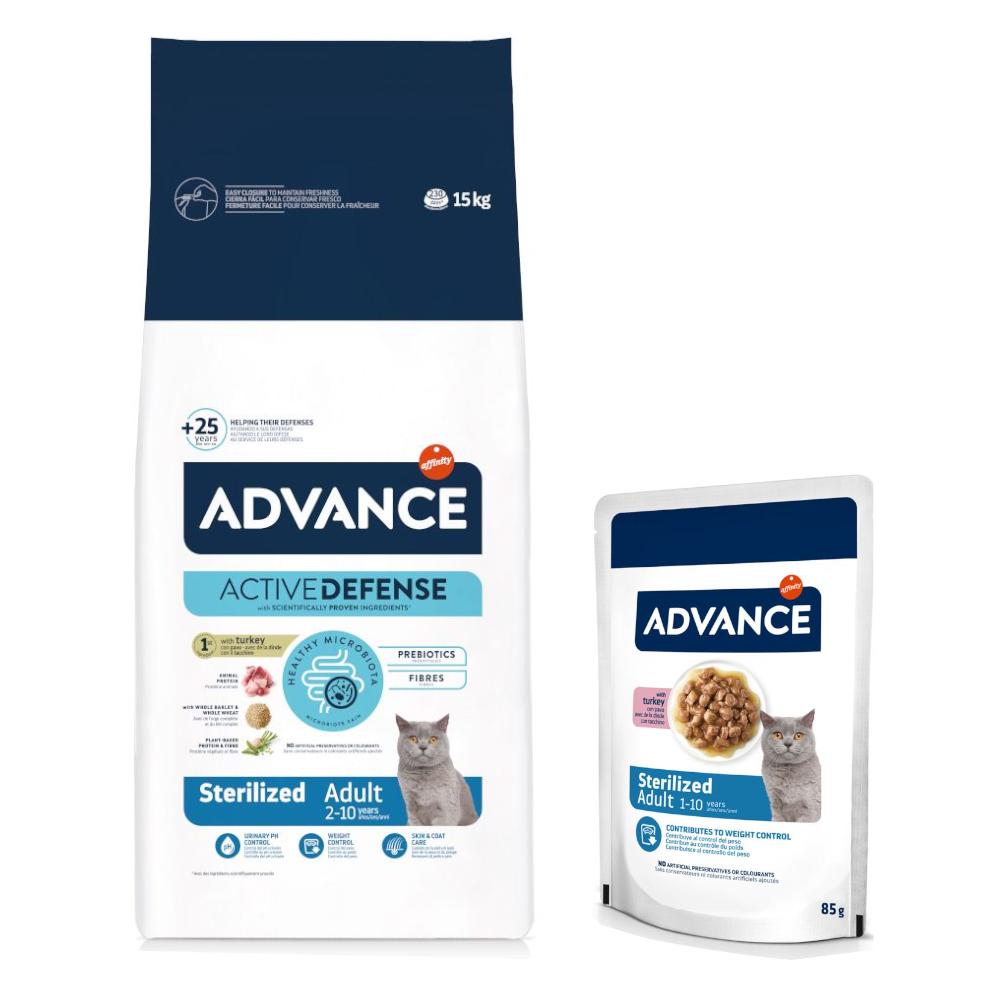10 kg / 15 kg Advance Trockenfutter + 12 x 85 g passendes Nassfutter zum Sonderpreis! - 15 kg Sterilized Truthahn + 12 x 85 g Sterilized Truthahn 10 kg / 15 kg Advance Trockenfutter + 12 x 85 g passendes Nassfutter zum Sonderpreis! - 15 kg Sterilized Truthahn + 12 x 85 g Sterilized Truthahn von Affinity Advance
