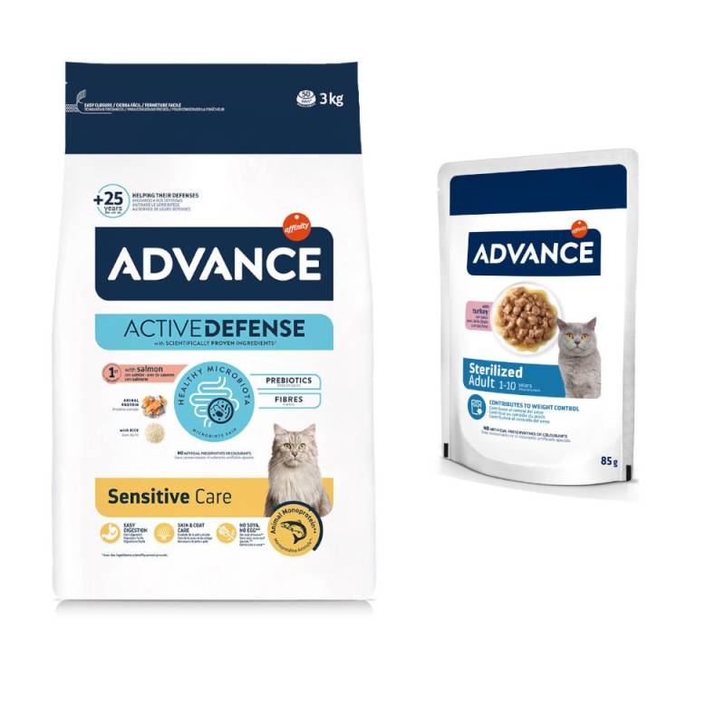 3 kg Advance + 12 x 85 g passendes Nassfutter zum Sonderpreis! - Sensitive Lachs & Reis + Sterilized Kabeljau von Affinity Advance