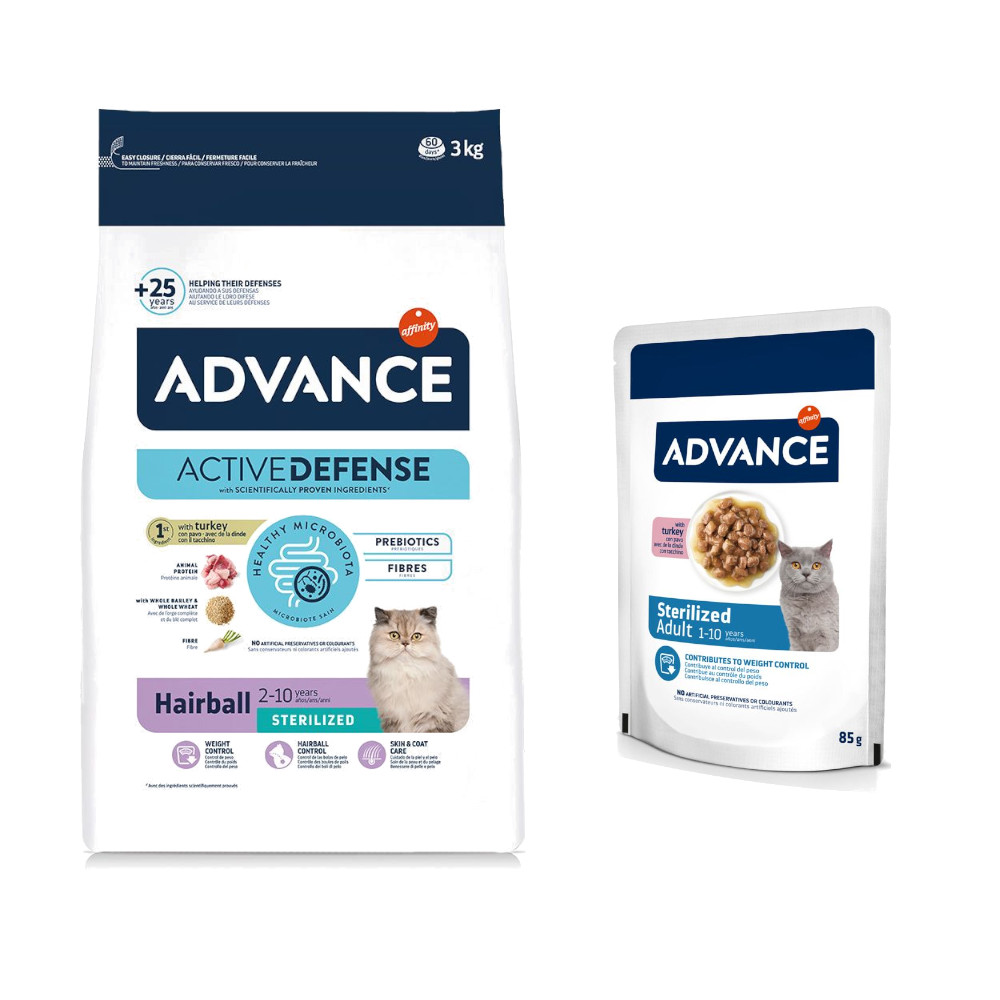 3 kg Advance + 12 x 85 g passendes Nassfutter zum Sonderpreis! - Sterilized Hairball + Sterilized Truthahn von Affinity Advance