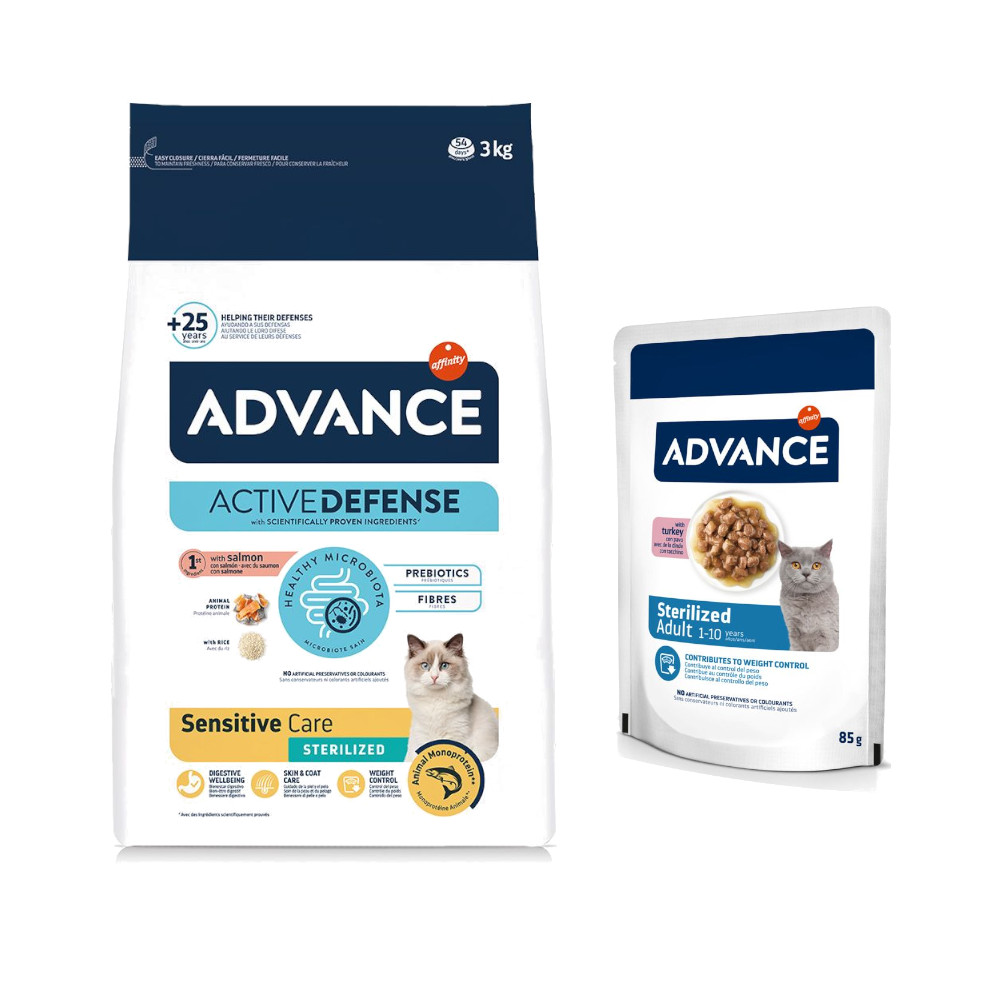 3 kg Advance + 12 x 85 g passendes Nassfutter zum Sonderpreis! - Sterilized Sensitive + Sterilized Truthahn von Affinity Advance