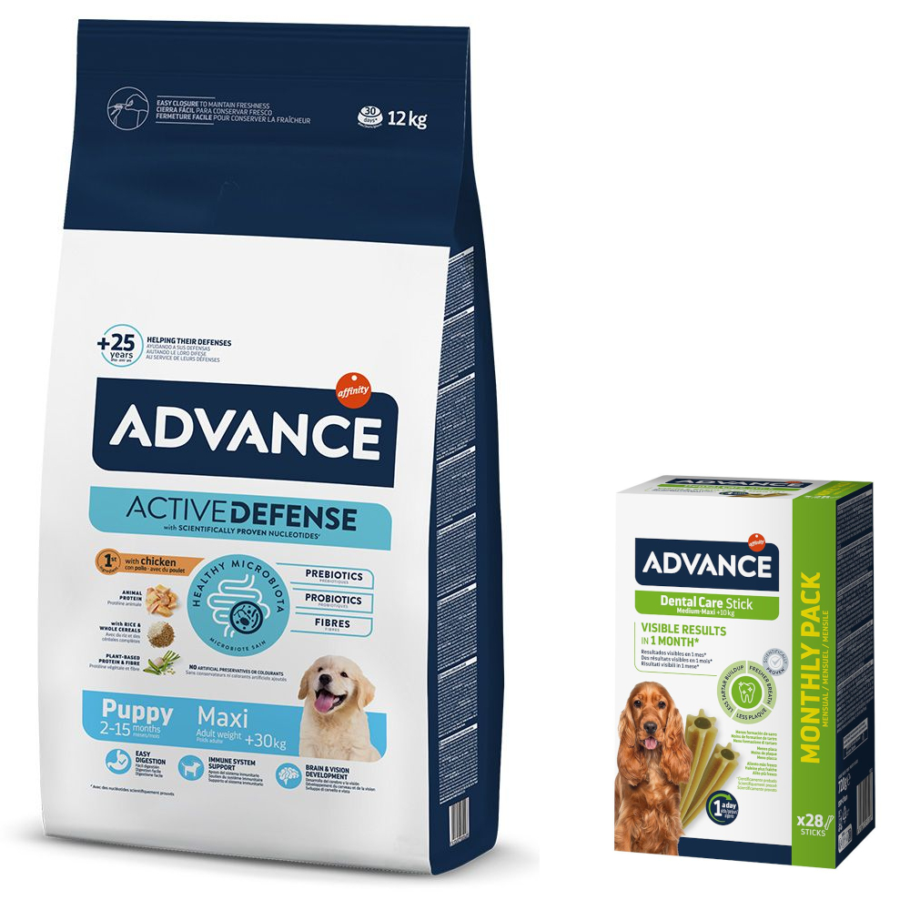Advance Trockenfutter + passender Snack gratis! - 12 kg Maxi Puppy Protect + 720 g Dental Care Stick Medium/Maxi von Affinity Advance