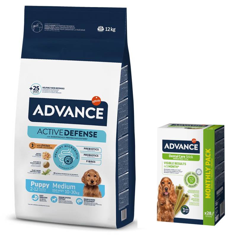 Advance Trockenfutter + passender Snack gratis! - 12 kg Medium Puppy Protect + 720 g Dental Care Stick Medium/Maxi von Affinity Advance