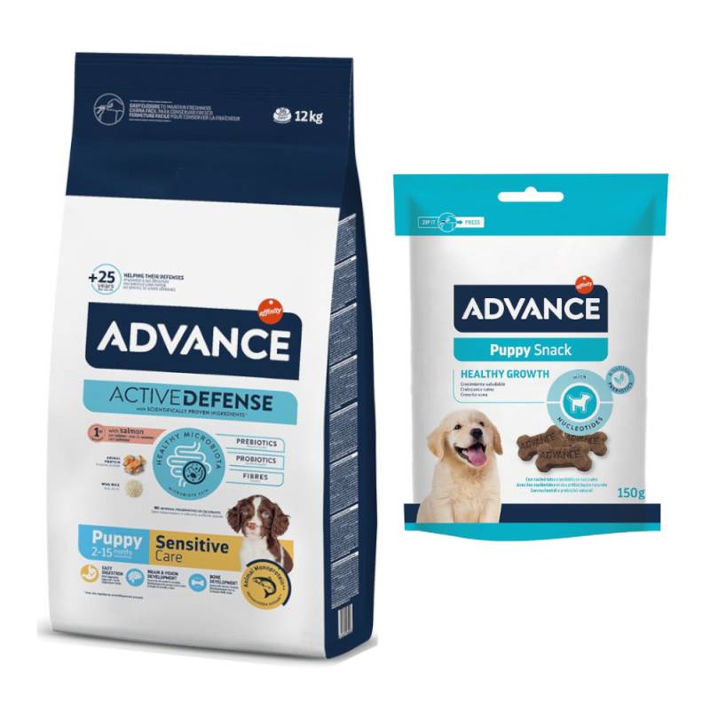 Advance Trockenfutter + passender Snack gratis! - 12 kg Puppy Sensitive mit Lachs  + 150 g Puppy Snack von Affinity Advance