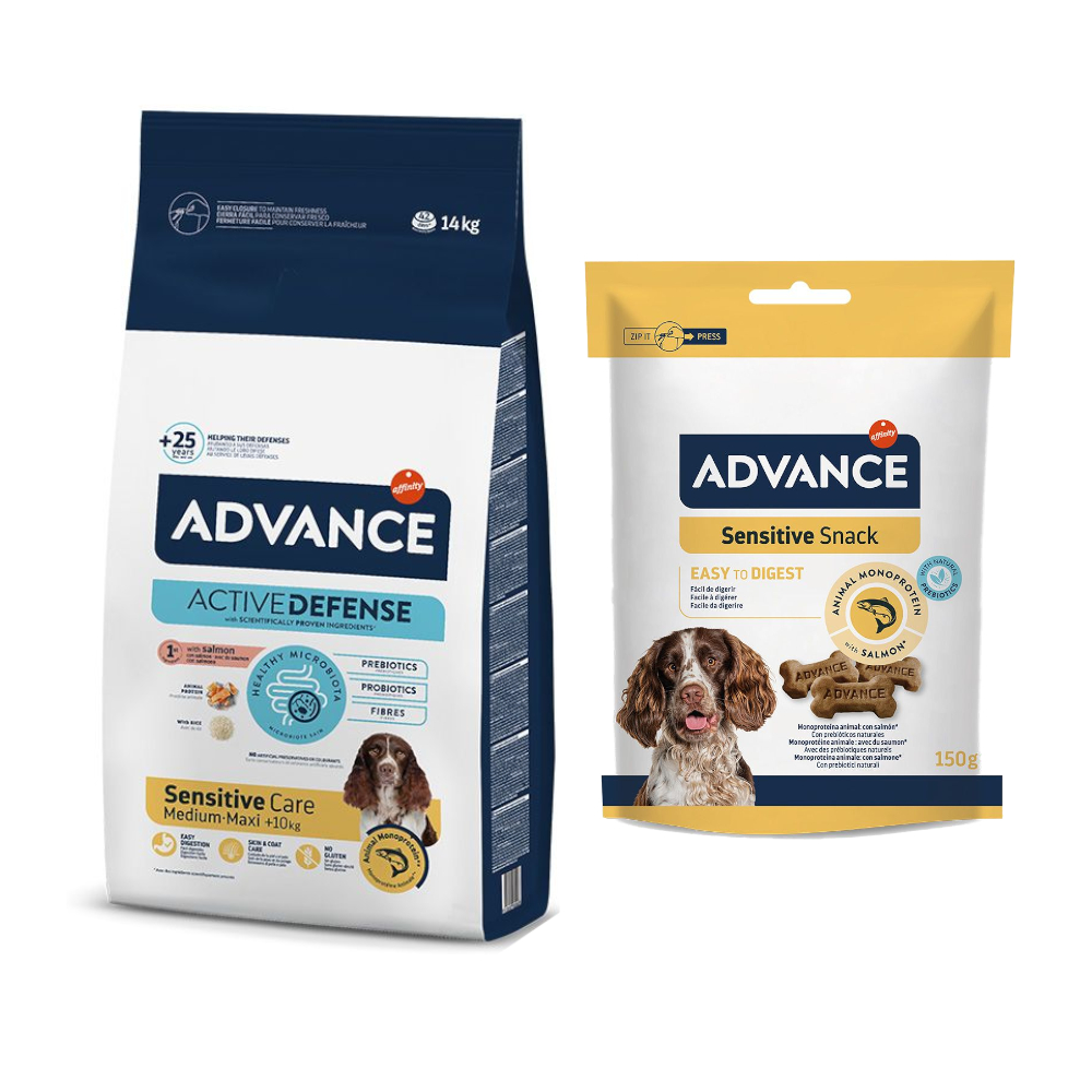 Advance Trockenfutter + passender Snack gratis! - 14 kg Sensitive Adult Lachs & Reis + 150 g Sensitive Snack von Affinity Advance